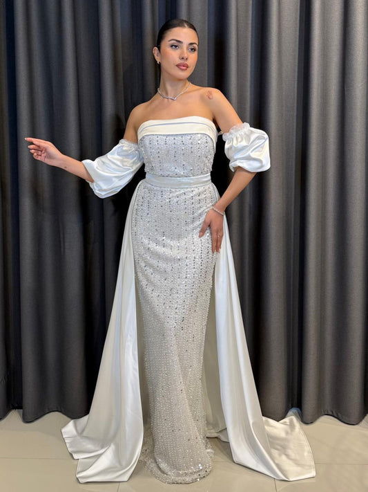 Straplez Kesim Balon Kollu Kristal İşlemeli Abiye