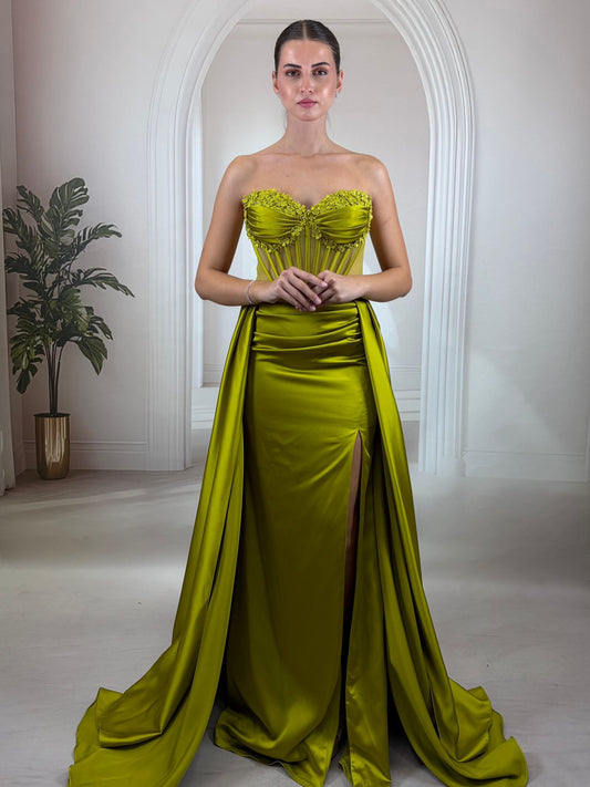 orse Detaylı ve Kuyruklu Saten Abiye