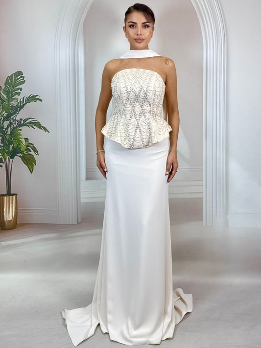 Askısız Korse Formlu İnci İşlemeli Ekru Abiye