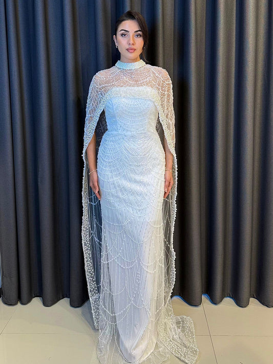 İnci İşlemeli Pelerinli Ekru Balık Abiye - Nikah ve Davet Elbisesi