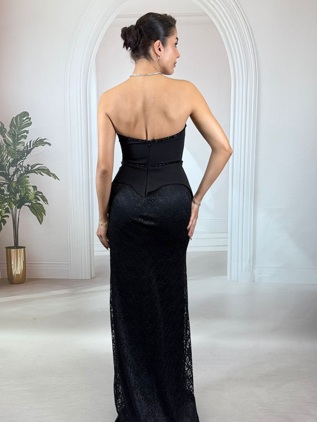 Lacivert  Straplez Peplum Detaylı Dantel Balık Gece Elbisesi