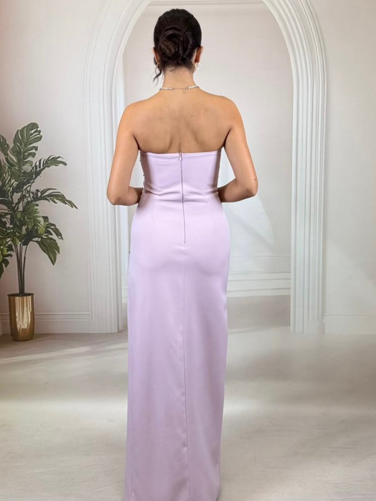 Pudra Straplez Taş İşlemeli Yırtmaçlı Abiye