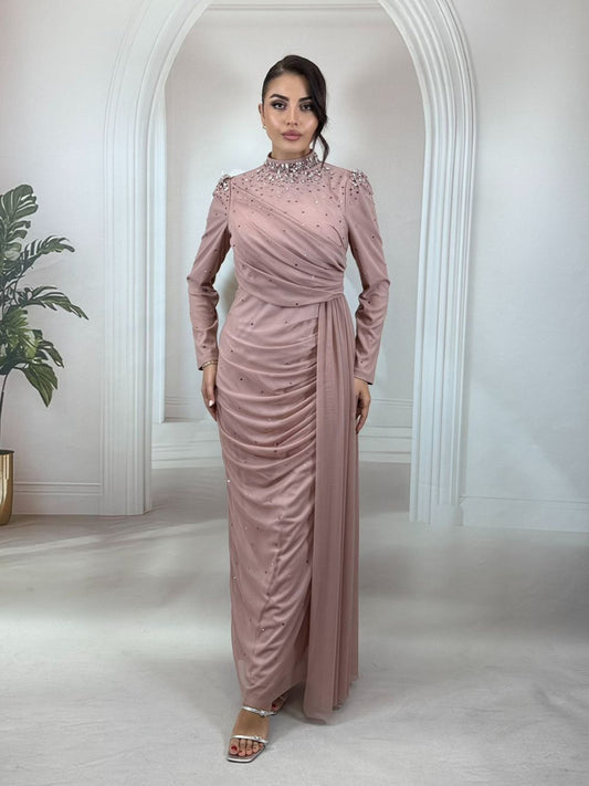 Kristal Taş İşlemeli Draperli Gül Kurusu Abiye Elbise