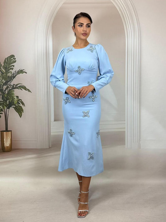 Bebe Mavisi Kristal Yıldız İşlemeli Balon Kol Midi Boy Abiye Elbise