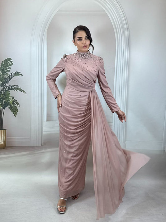 Kristal Taş İşlemeli Draperli Gül Kurusu Abiye Elbise