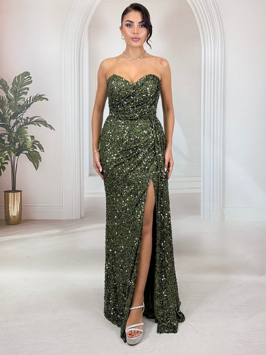 Payetli Straplez Yırtmaçlı Elbise - Haki/Yeşil