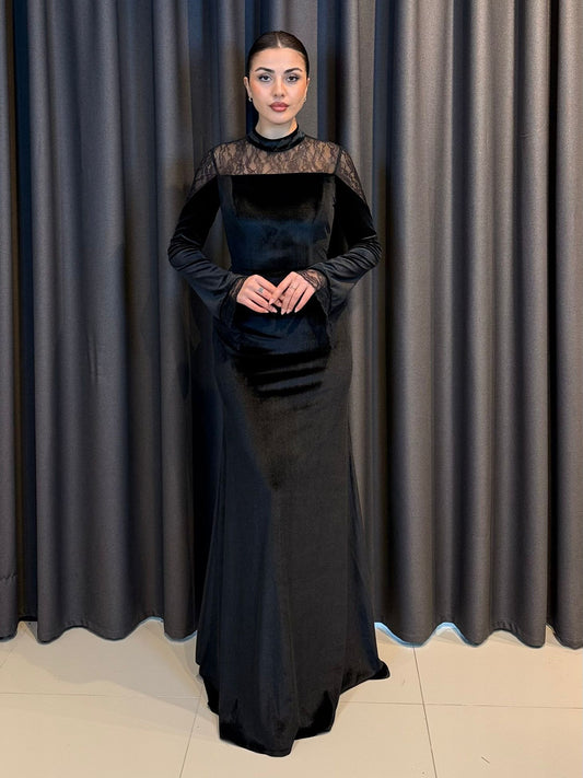 Siyah Kadife Dantel Detaylı Balık Abiye Elbise